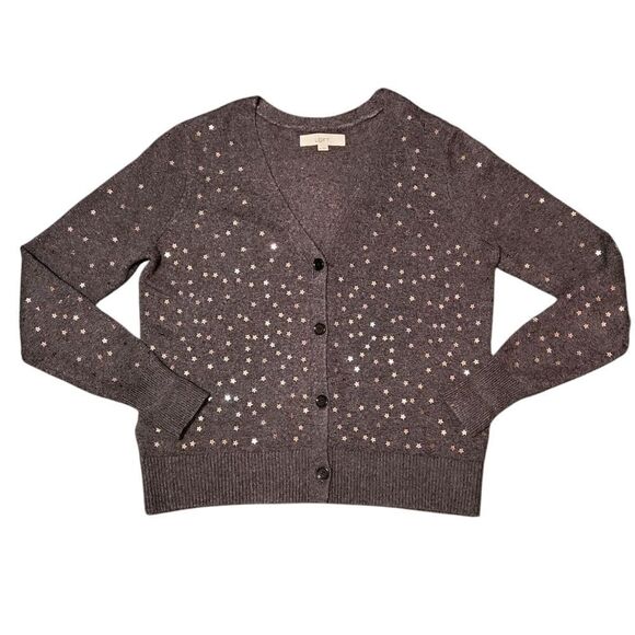 🔺️Loft Gray Star Sequined Knit Buttoned Vneck Cardigan Sweater Medium - Picture 12 of 12